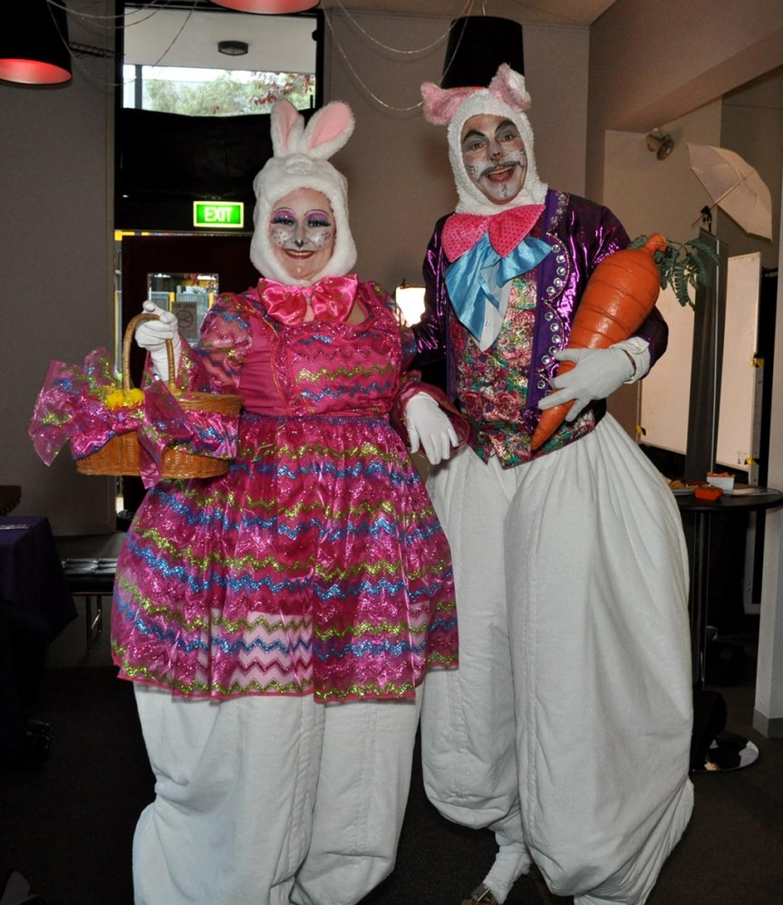 Stilt Walkers Melbourne, Bouncing Bunnies, Honey Bunny and Melbunny